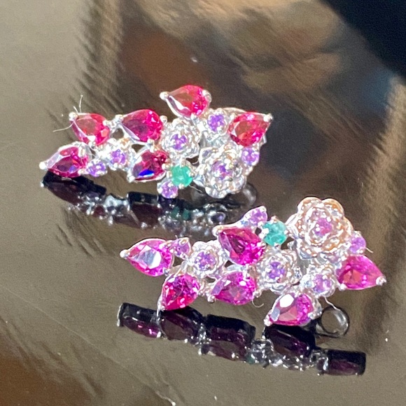 Genuine Rhodolite Emerald Amethyst Earrings - Picture 4 of 9